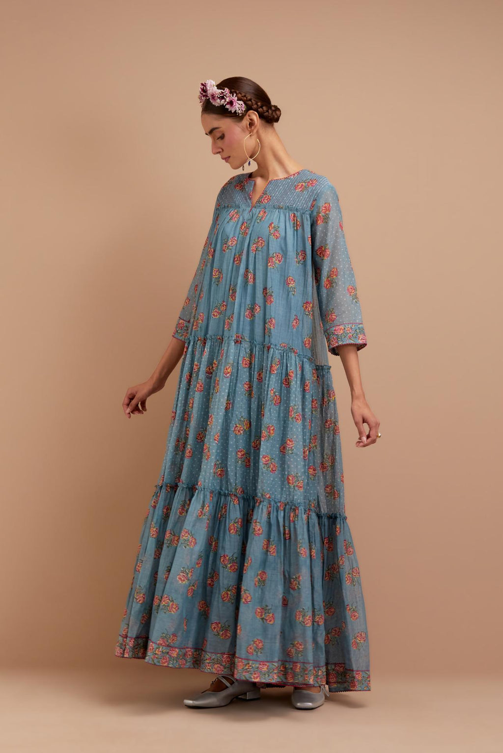 Cadet Blue three-tiered kurta set with quilted yoke and all-over Pink & Yellow floral hand block print.