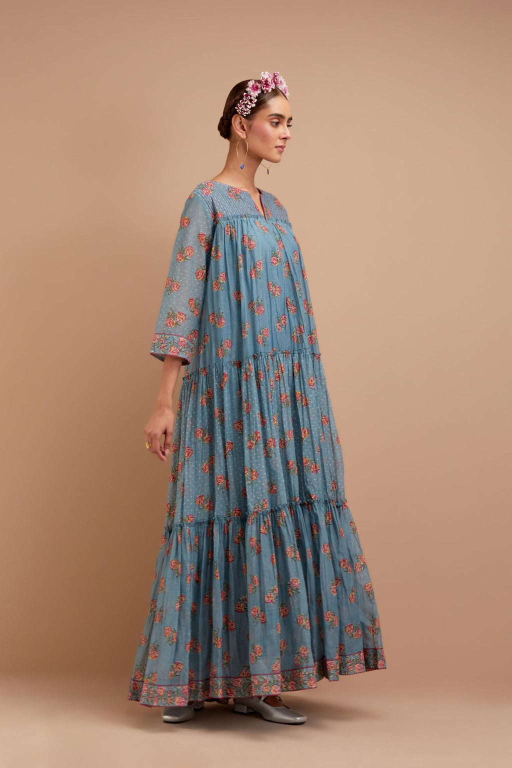 Cadet Blue three-tiered kurta set with quilted yoke and all-over Pink & Yellow floral hand block print.