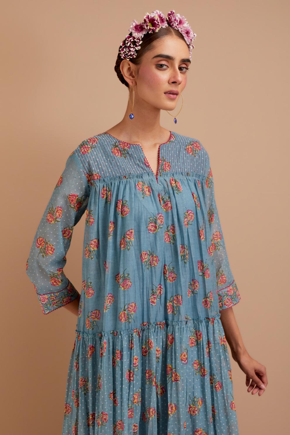 Cadet Blue three-tiered kurta set with quilted yoke and all-over Pink & Yellow floral hand block print.