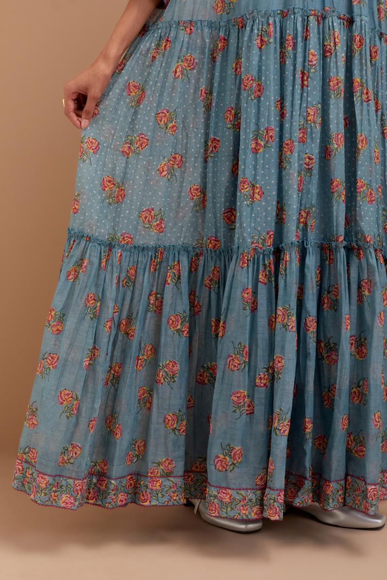 Cadet Blue three-tiered kurta set with quilted yoke and all-over Pink & Yellow floral hand block print.