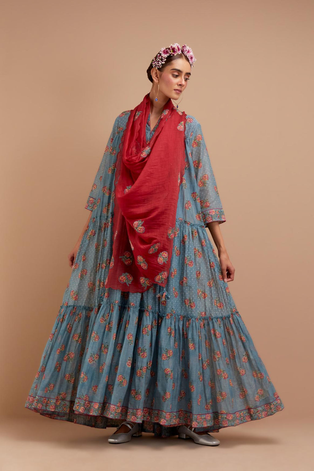 Cadet Blue three-tiered kurta set with quilted yoke and all-over Pink & Yellow floral hand block print.