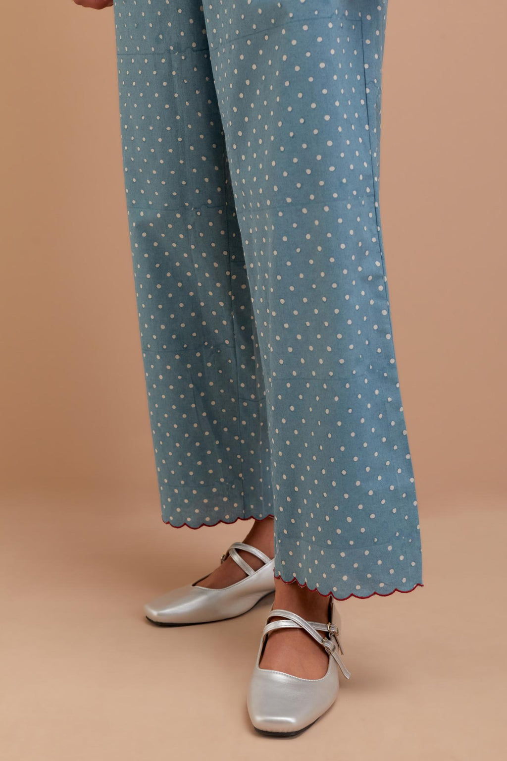 Cadet Blue Cotton straight pants with all-polka dot hand block print.