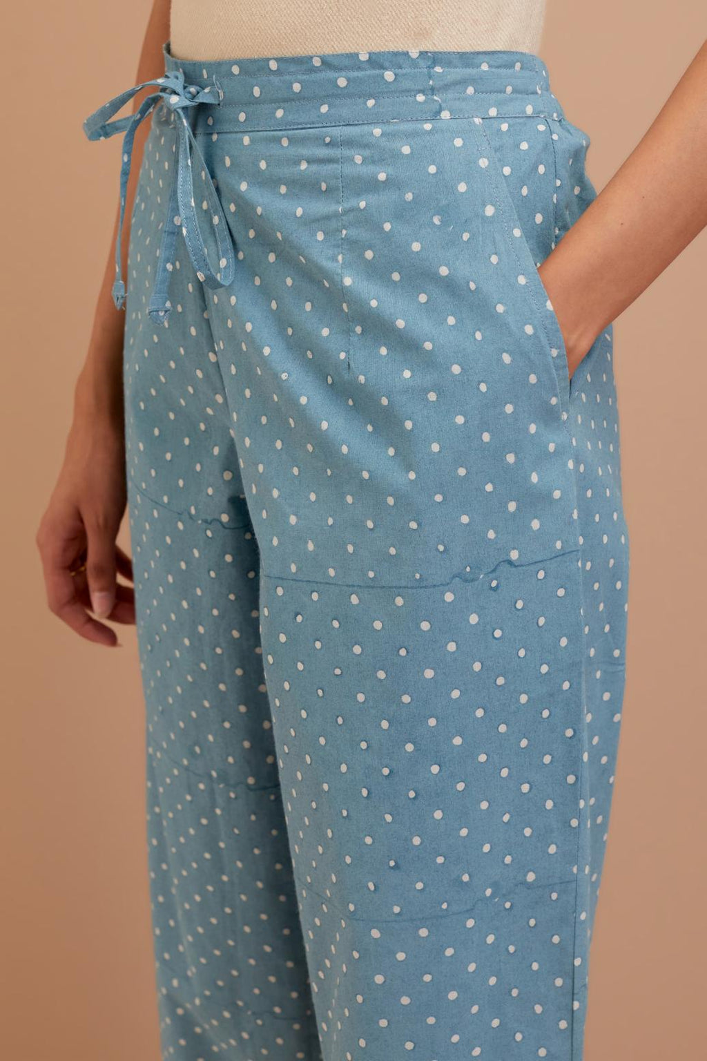 Cadet Blue Cotton straight pants with all-polka dot hand block print.