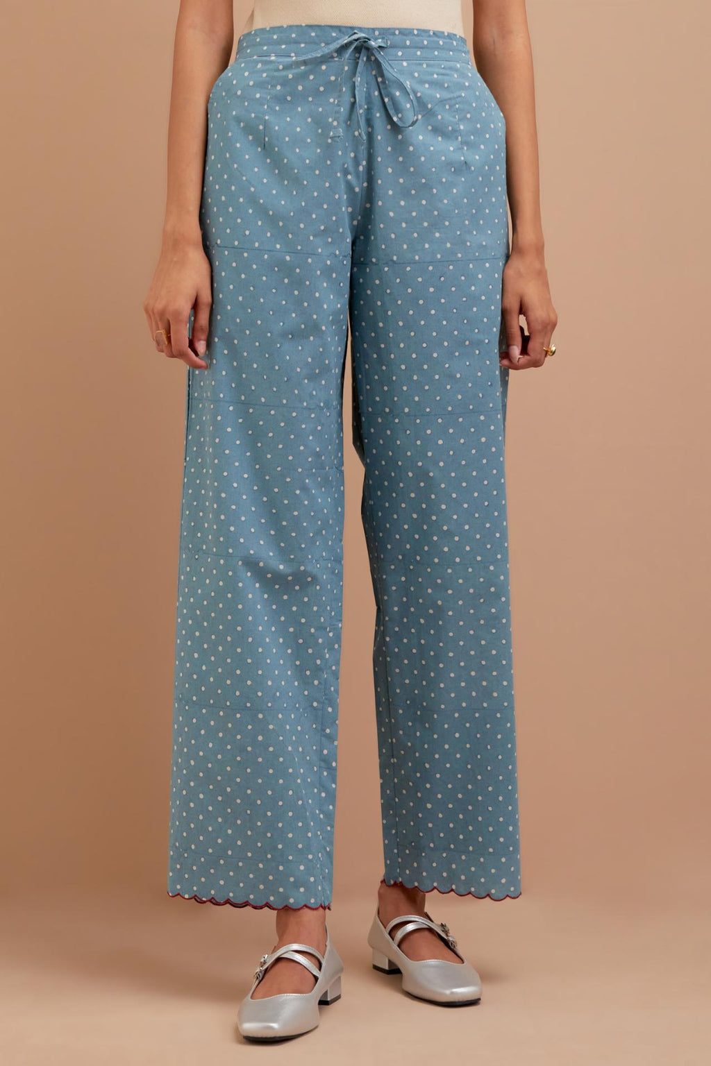Cadet Blue Cotton straight pants with all-polka dot hand block print.
