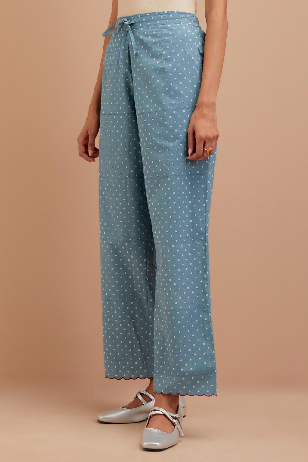 Cadet Blue Cotton straight pants with all-polka dot hand block print.