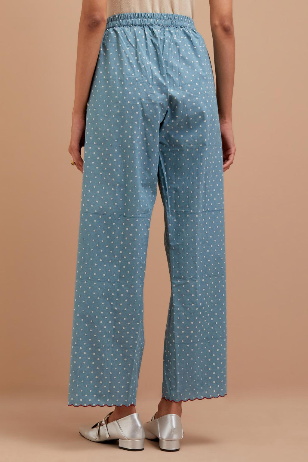 Cadet Blue Cotton straight pants with all-polka dot hand block print.