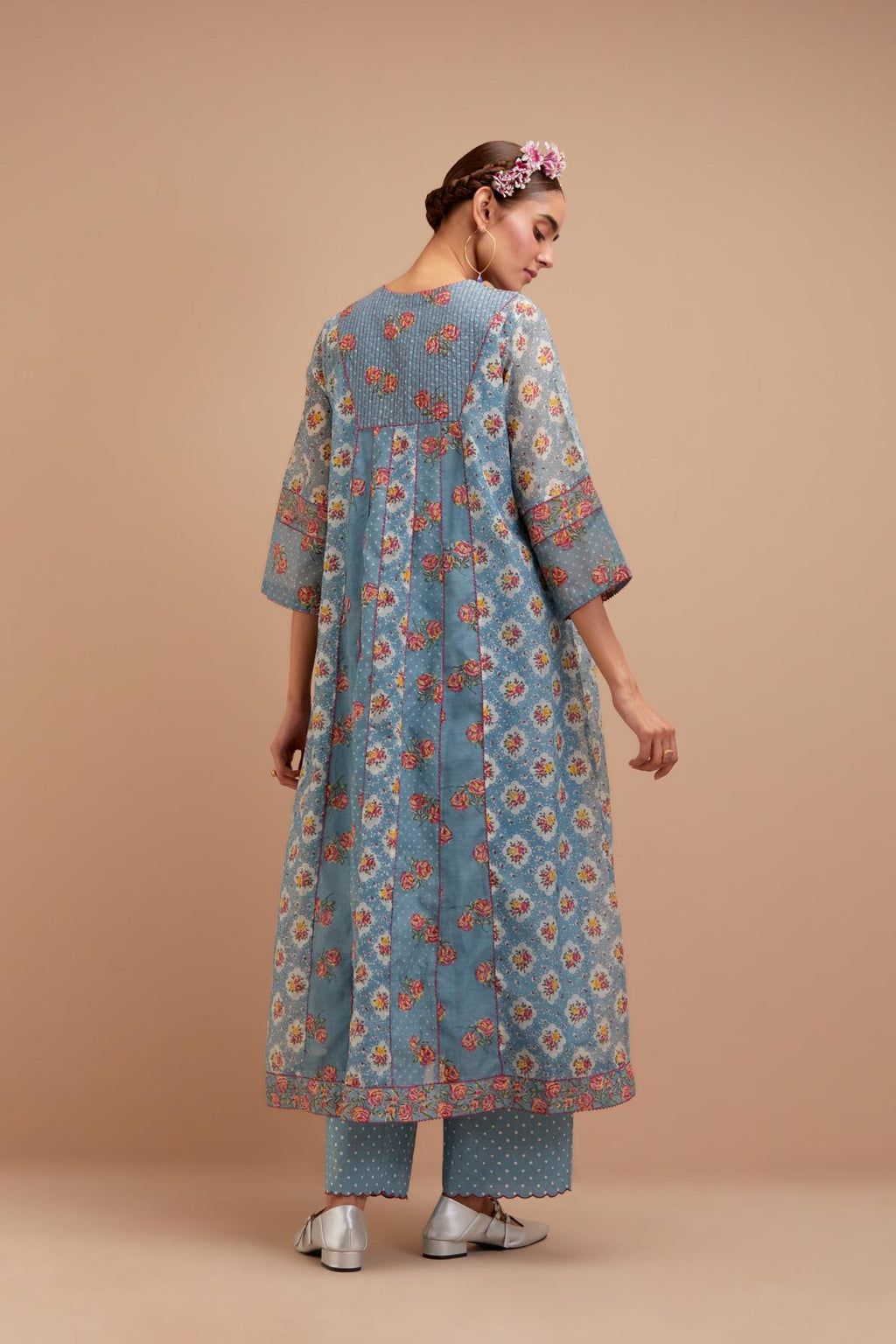 Cadet Blue Silk Chanderi hand block printed kurta dress set with a V neck and multi panels.