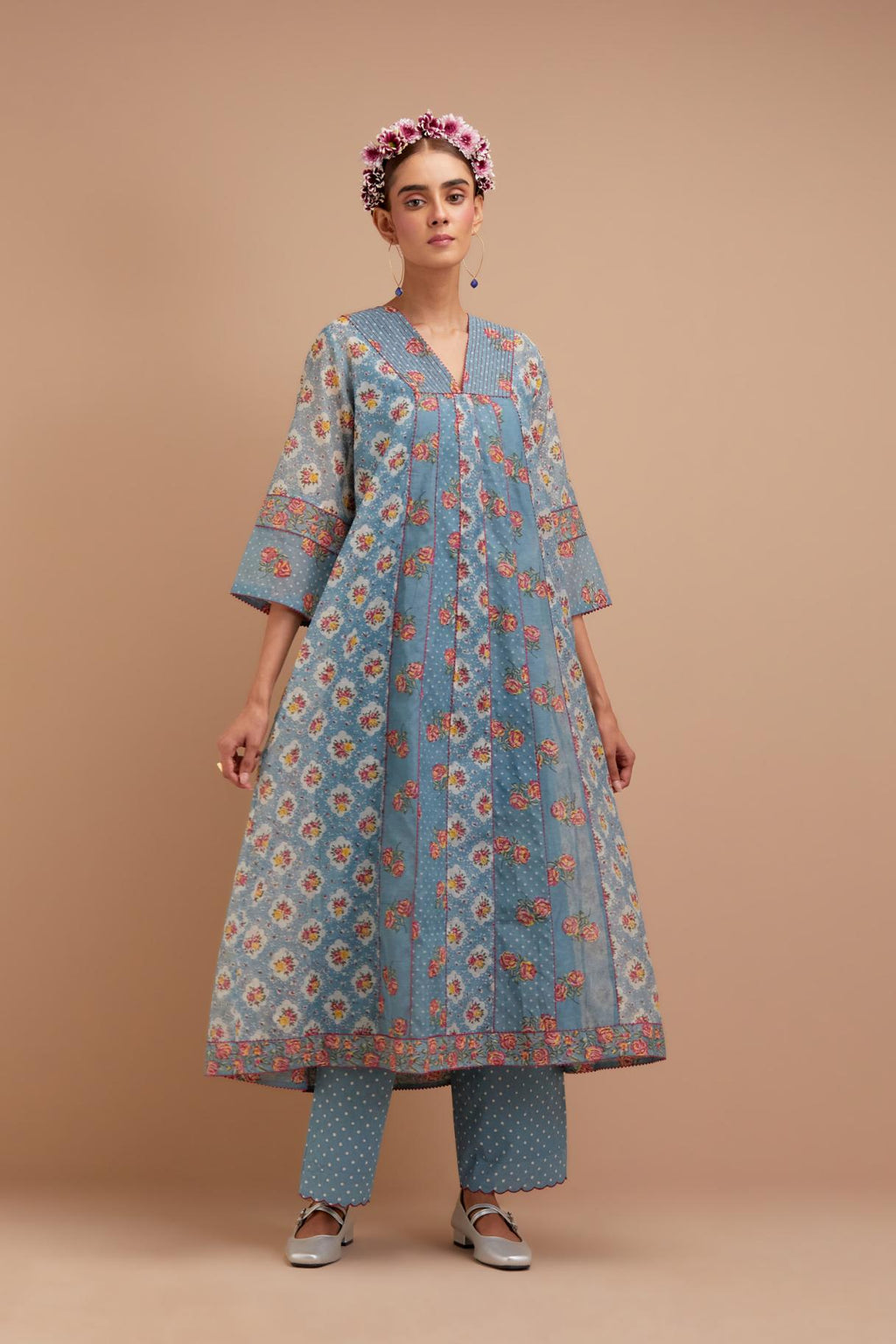 Cadet Blue Silk Chanderi hand block printed kurta dress set with a V neck and multi panels.