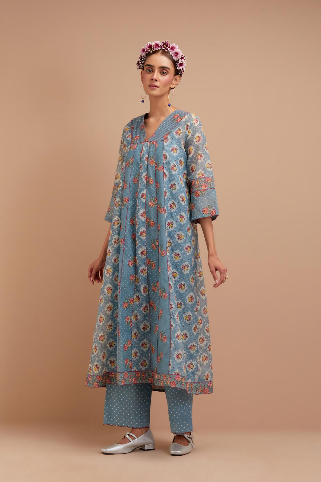 Cadet Blue Silk Chanderi hand block printed kurta dress set with a V neck and multi panels.
