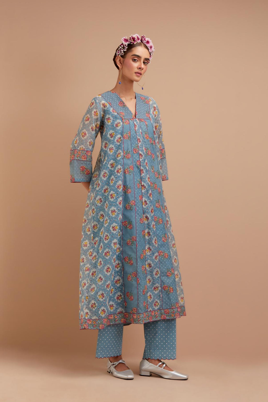 Cadet Blue Silk Chanderi hand block printed kurta dress set with a V neck and multi panels.