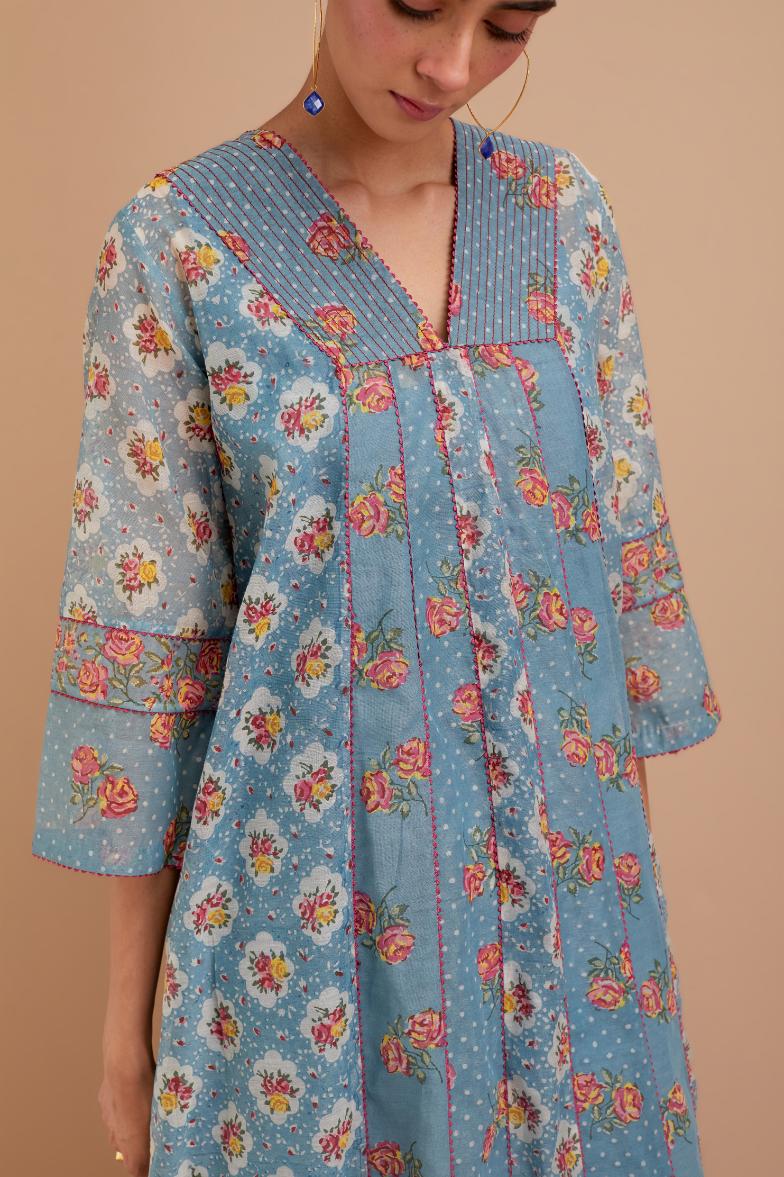 Cadet Blue Silk Chanderi hand block printed kurta dress set with a V neck and multi panels.