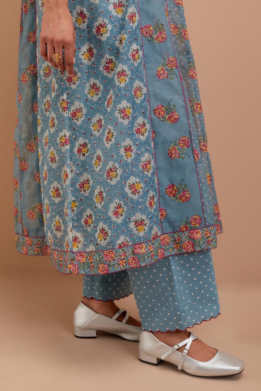 Cadet Blue Silk Chanderi hand block printed kurta dress set with a V neck and multi panels.