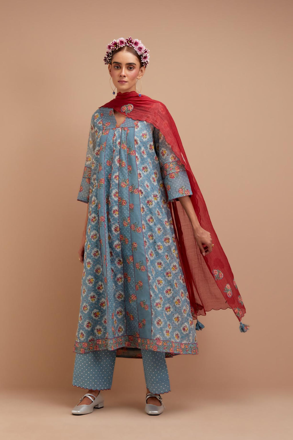 Cadet Blue Silk Chanderi hand block printed kurta dress set with a V neck and multi panels.