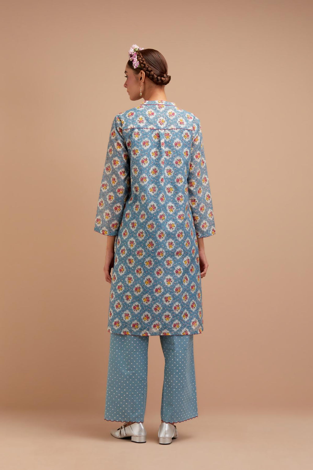 Cadet Blue Silk Chanderi straight short kurta set with all-over Pink & Yellow floral hand block print.