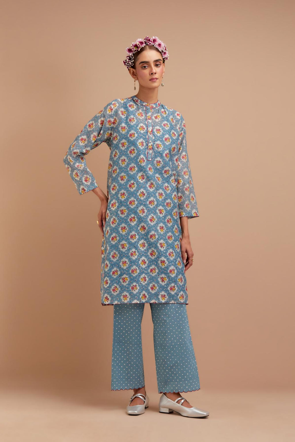 Cadet Blue Silk Chanderi straight short kurta set with all-over Pink & Yellow floral hand block print.