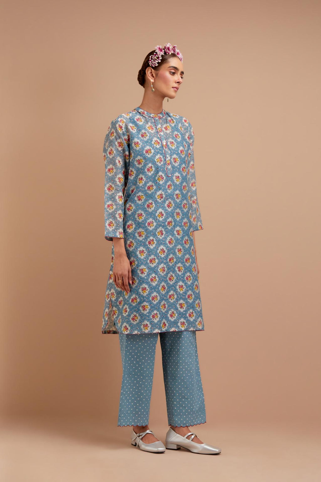 Cadet Blue Silk Chanderi straight short kurta set with all-over Pink & Yellow floral hand block print.