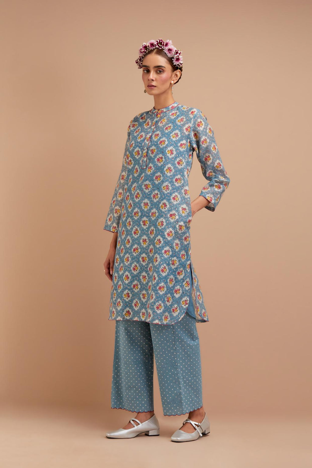 Cadet Blue Silk Chanderi straight short kurta set with all-over Pink & Yellow floral hand block print.