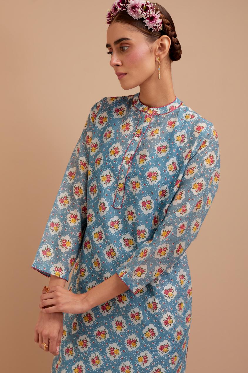 Cadet Blue Silk Chanderi straight short kurta set with all-over Pink & Yellow floral hand block print.