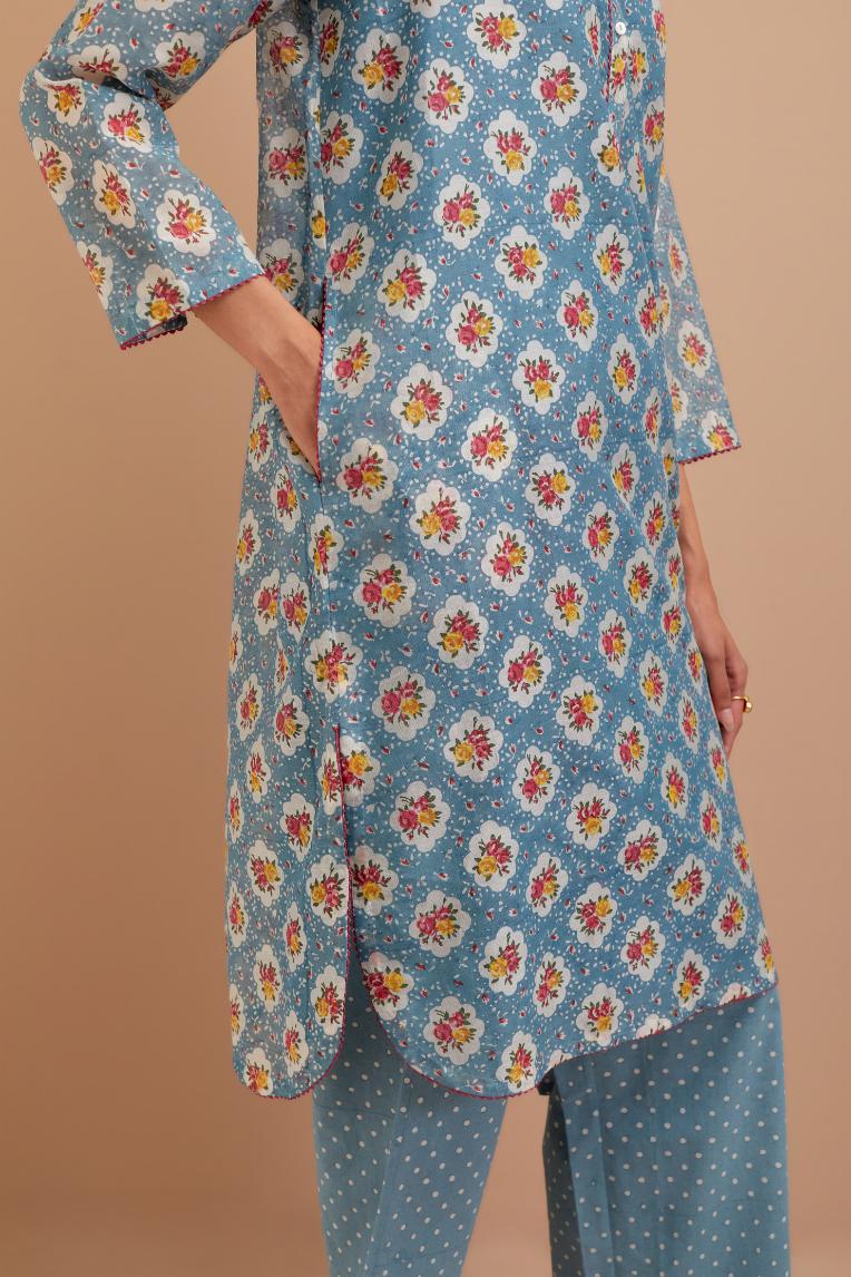 Cadet Blue Silk Chanderi straight short kurta set with all-over Pink & Yellow floral hand block print.