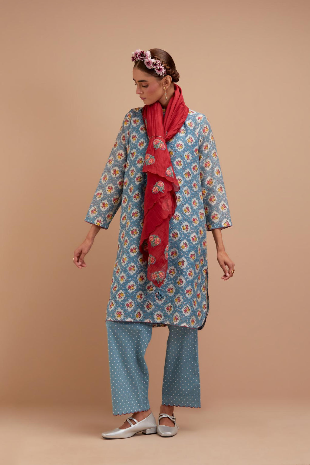 Cadet Blue Silk Chanderi straight short kurta set with all-over Pink & Yellow floral hand block print.