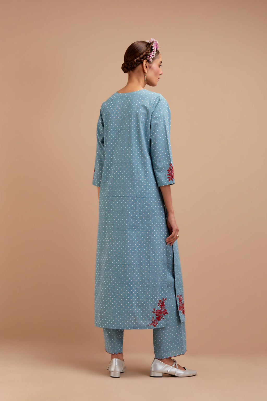 Cadet Blue Cotton straight long kurta set with all-over polka dot hand block print & embroidered floral bootas at the side hem.