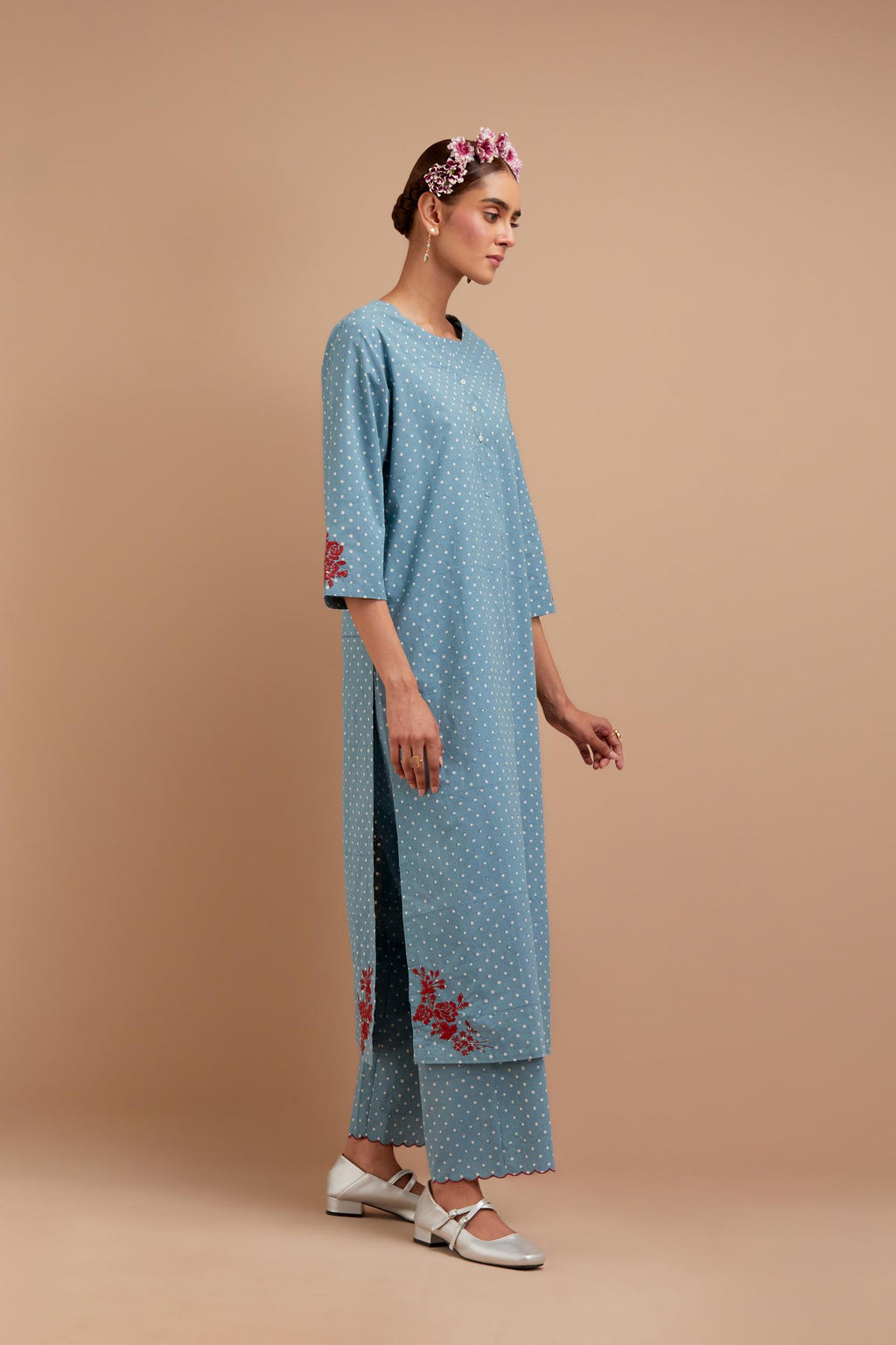 Cadet Blue Cotton straight long kurta set with all-over polka dot hand block print & embroidered floral bootas at the side hem.