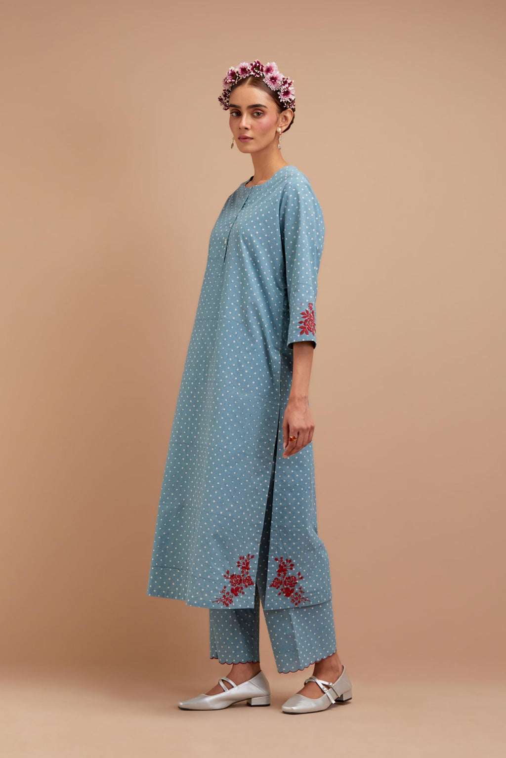 Cadet Blue Cotton straight long kurta set with all-over polka dot hand block print & embroidered floral bootas at the side hem.