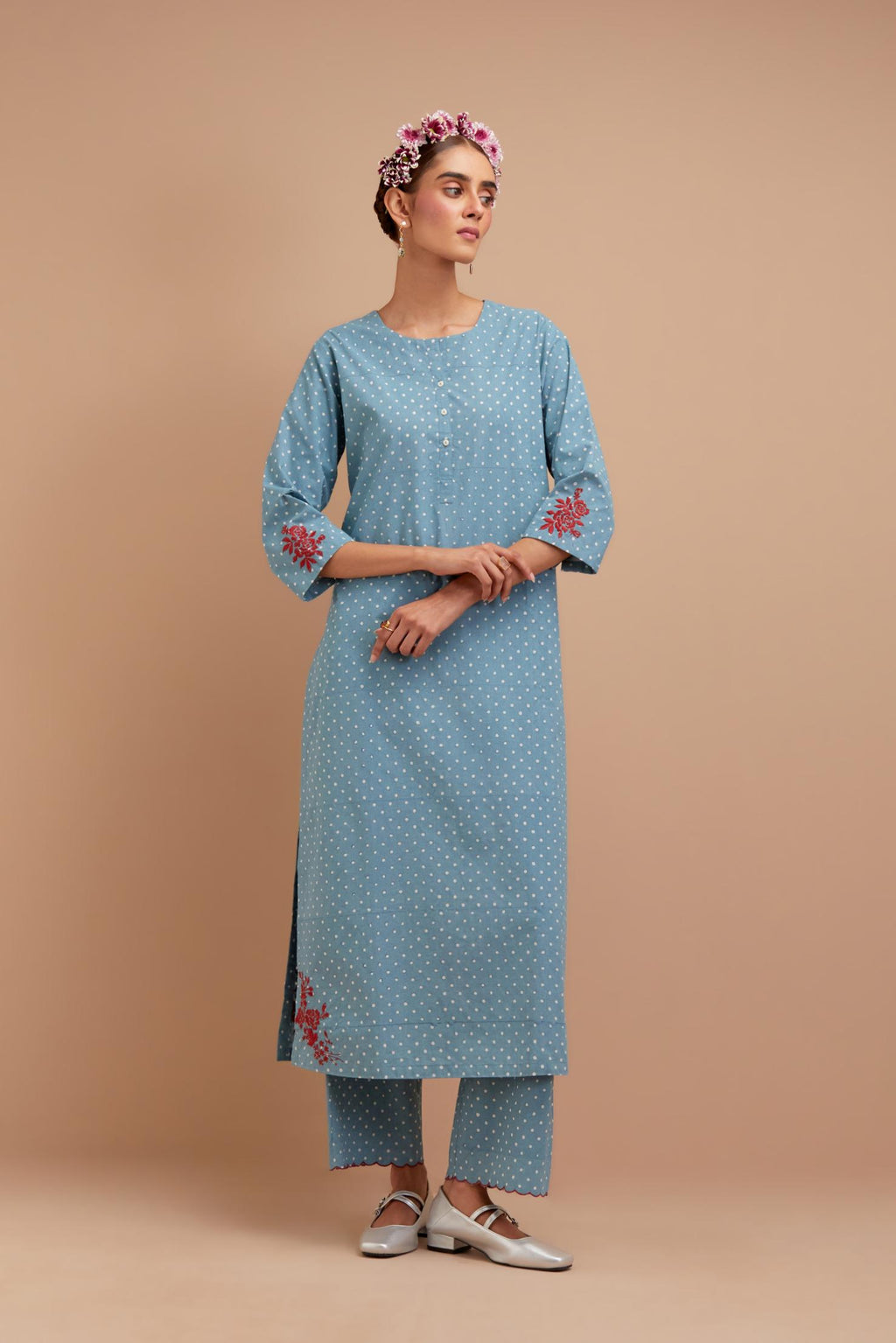 Cadet Blue Cotton straight long kurta set with all-over polka dot hand block print & embroidered floral bootas at the side hem.