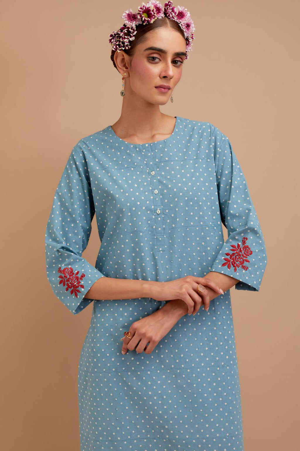Cadet Blue Cotton straight long kurta set with all-over polka dot hand block print & embroidered floral bootas at the side hem.