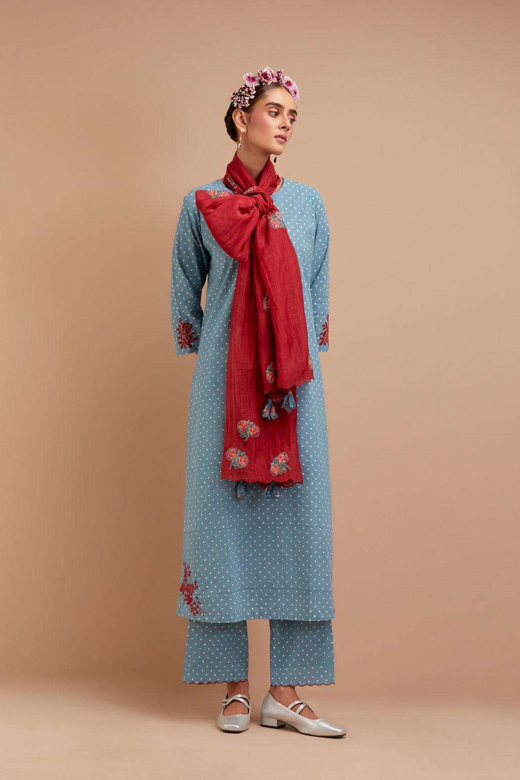 Cadet Blue Cotton straight long kurta set with all-over polka dot hand block print & embroidered floral bootas at the side hem.