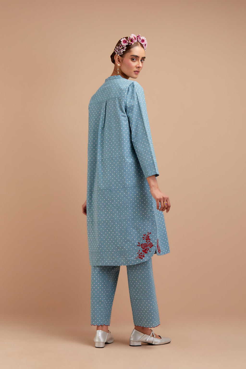 Cadet Blue Cotton straight short kurta set with all-over polka dot hand block print & embroidered floral bootas at the side hem.