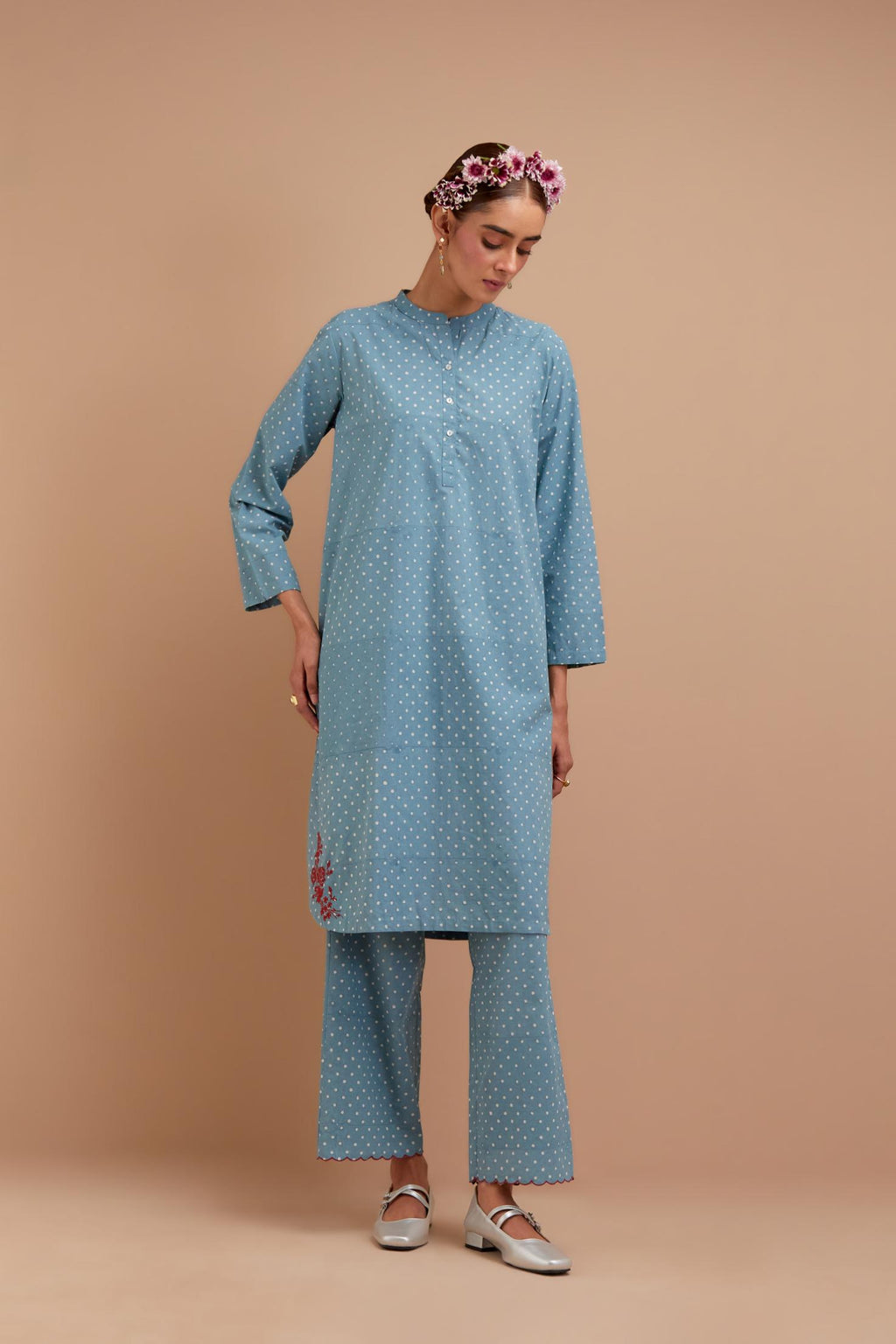 Cadet Blue Cotton straight short kurta set with all-over polka dot hand block print & embroidered floral bootas at the side hem.