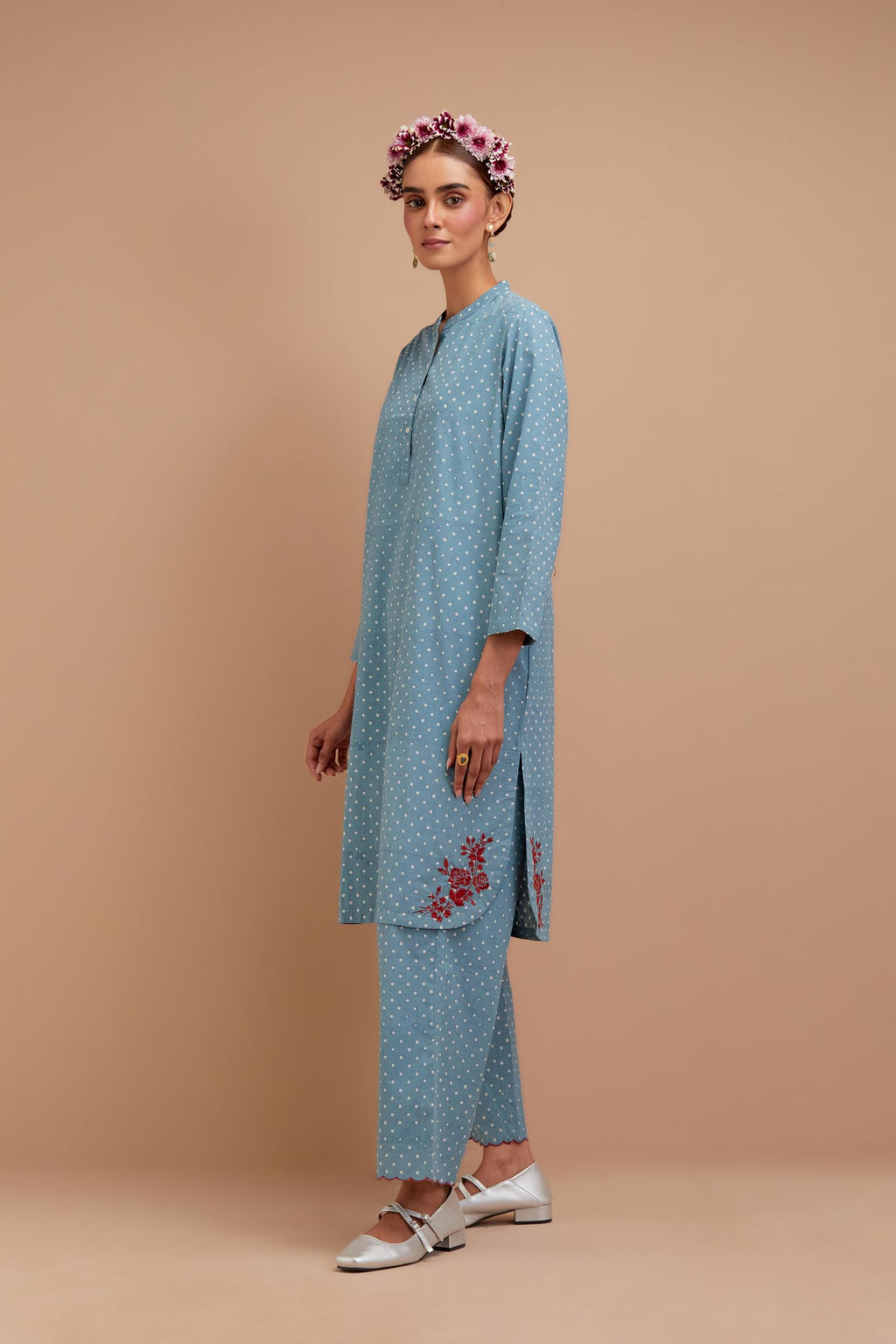 Cadet Blue Cotton straight short kurta set with all-over polka dot hand block print & embroidered floral bootas at the side hem.