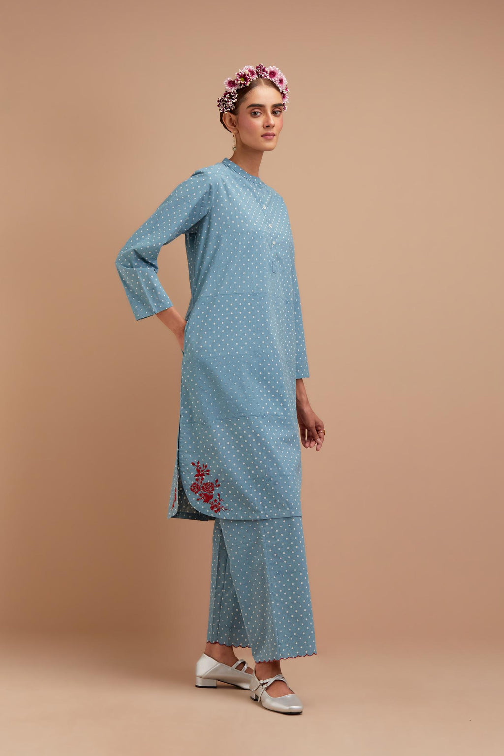 Cadet Blue Cotton straight short kurta set with all-over polka dot hand block print & embroidered floral bootas at the side hem.