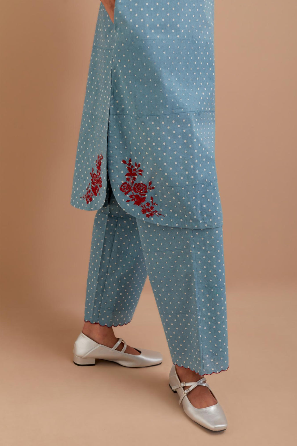 Cadet Blue Cotton straight short kurta set with all-over polka dot hand block print & embroidered floral bootas at the side hem.