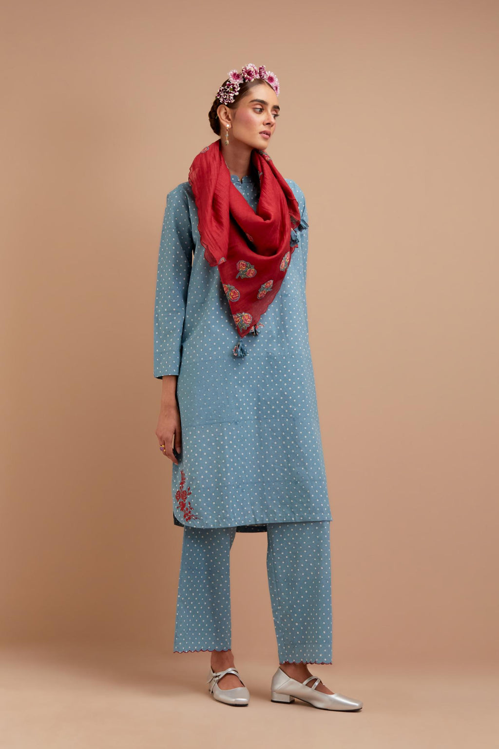 Cadet Blue Cotton straight short kurta set with all-over polka dot hand block print & embroidered floral bootas at the side hem.