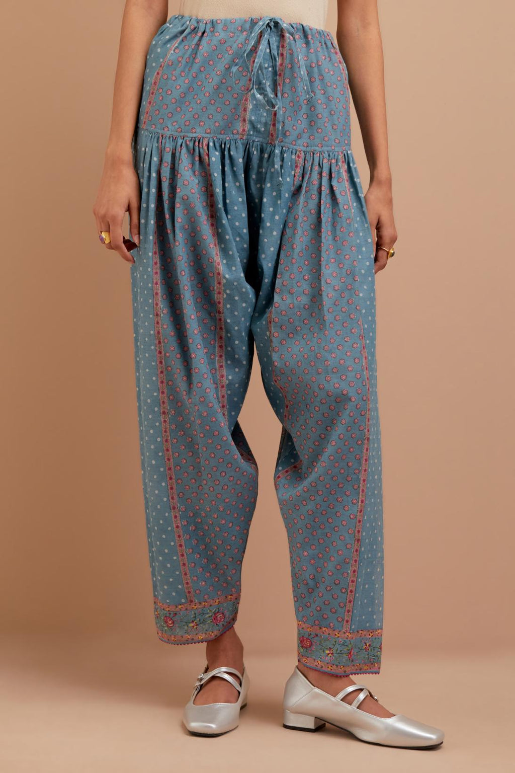 Cadet Blue Cotton Chanderi salwar with all-over hand block print.