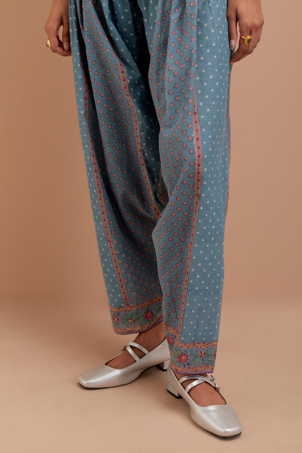 Cadet Blue Cotton Chanderi salwar with all-over hand block print.