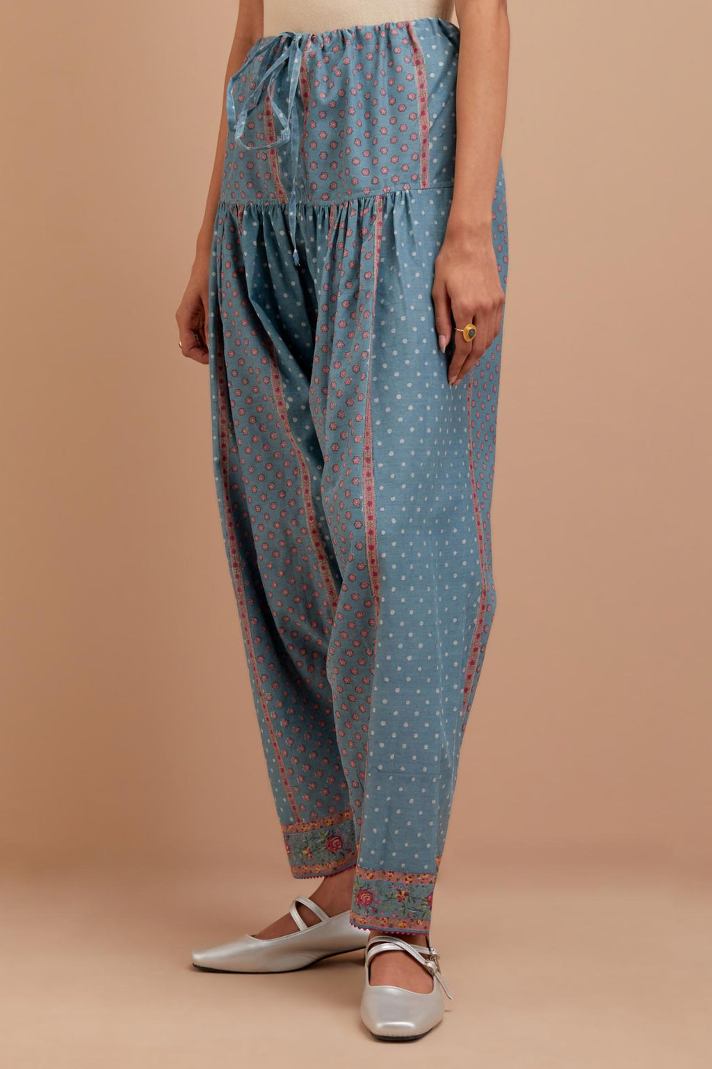 Cadet Blue Cotton Chanderi salwar with all-over hand block print.