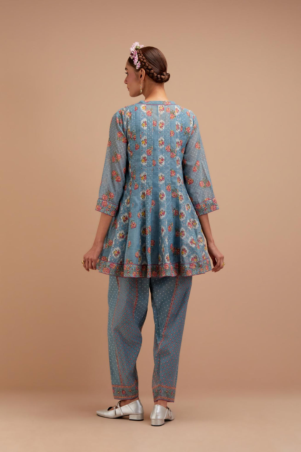 Cadet Blue Silk Chanderi paneled kurta set with all-over small Pink & Yellow flower hand block print.