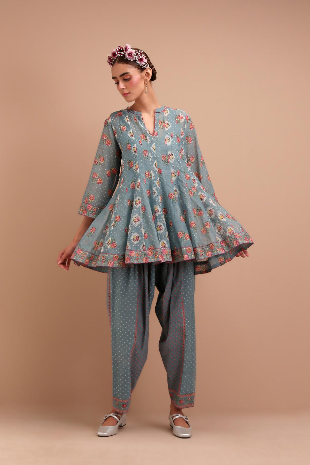 Cadet Blue Silk Chanderi paneled kurta set with all-over small Pink & Yellow flower hand block print.