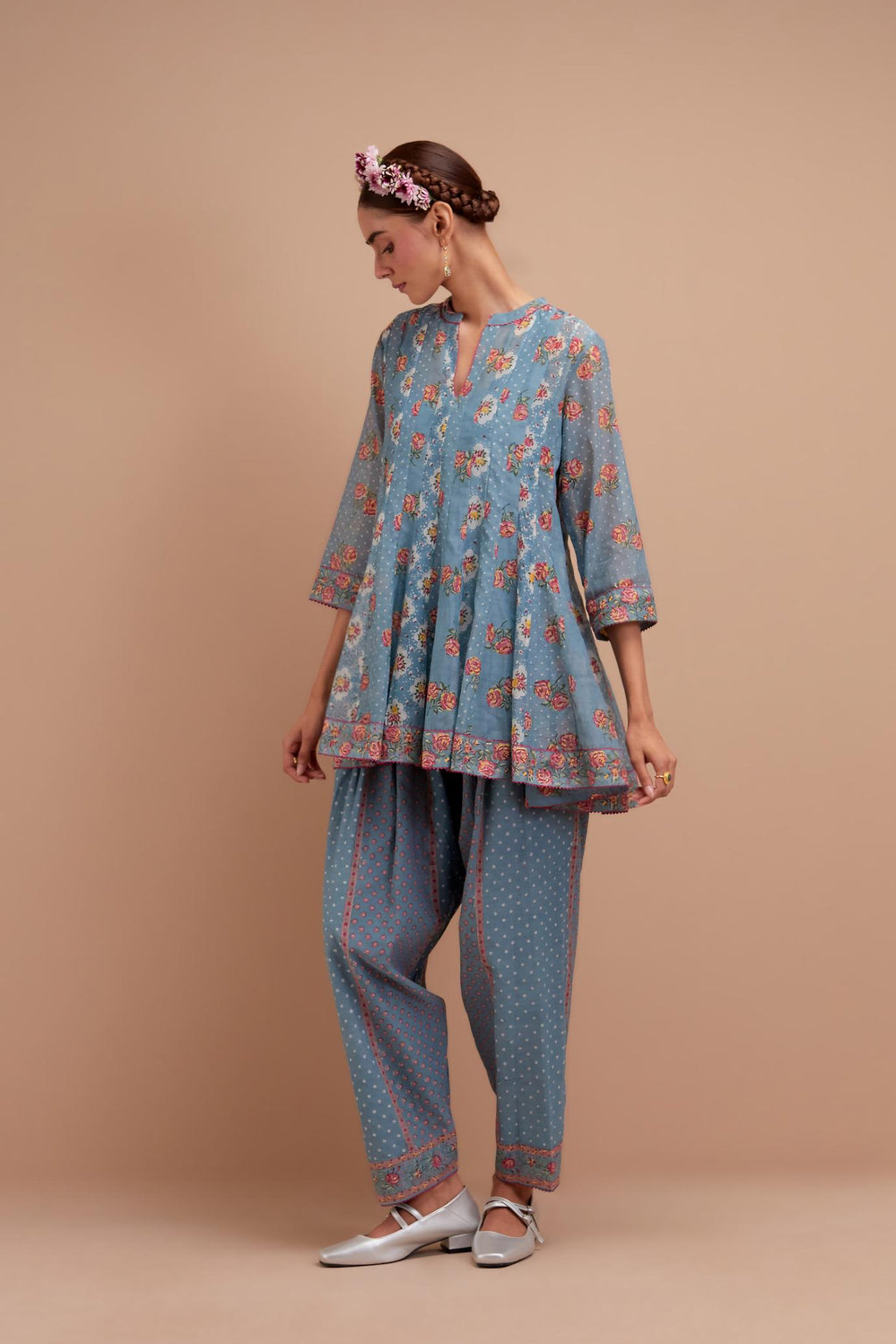 Cadet Blue Silk Chanderi paneled kurta set with all-over small Pink & Yellow flower hand block print.