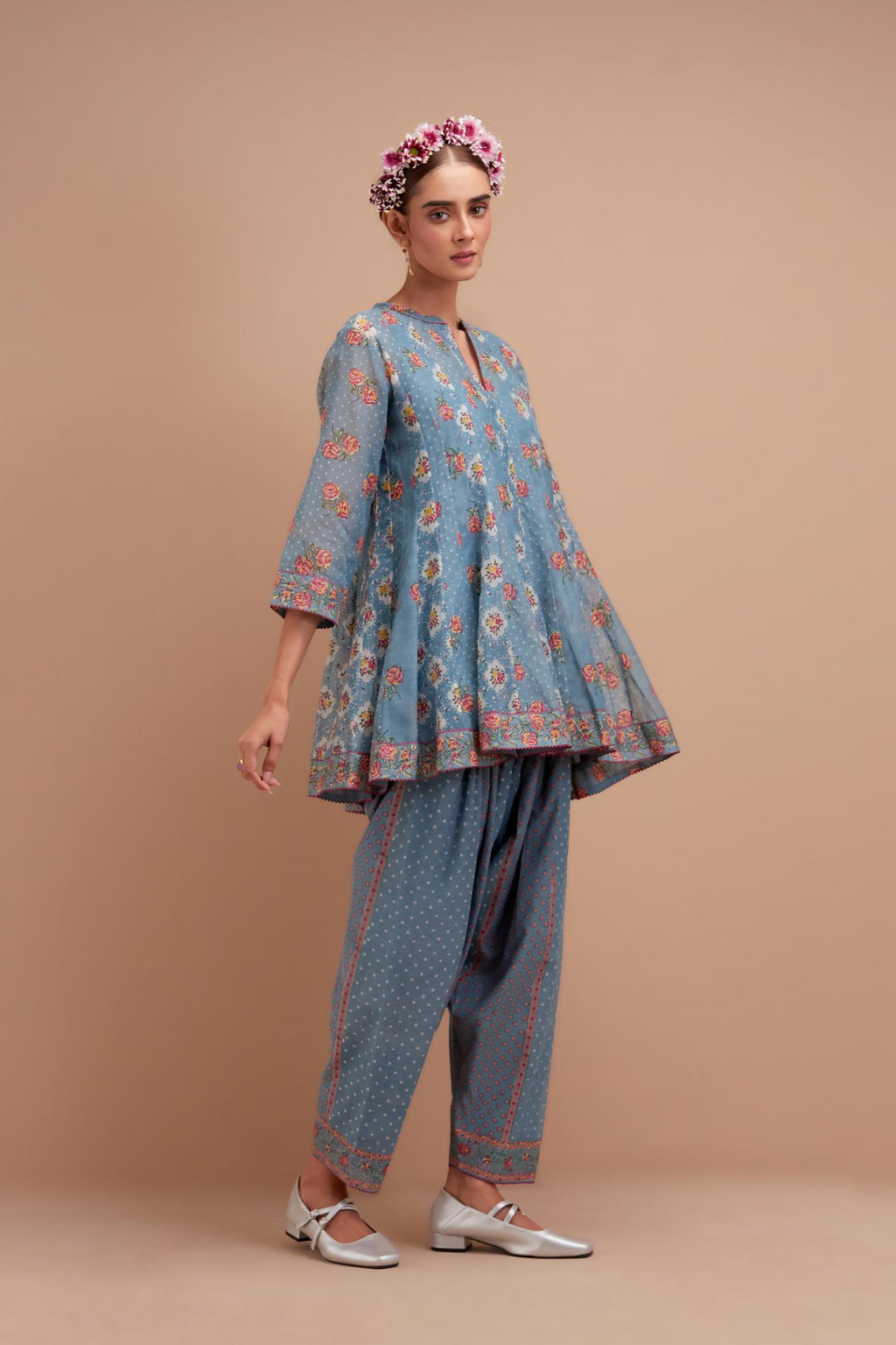 Cadet Blue Silk Chanderi paneled kurta set with all-over small Pink & Yellow flower hand block print.