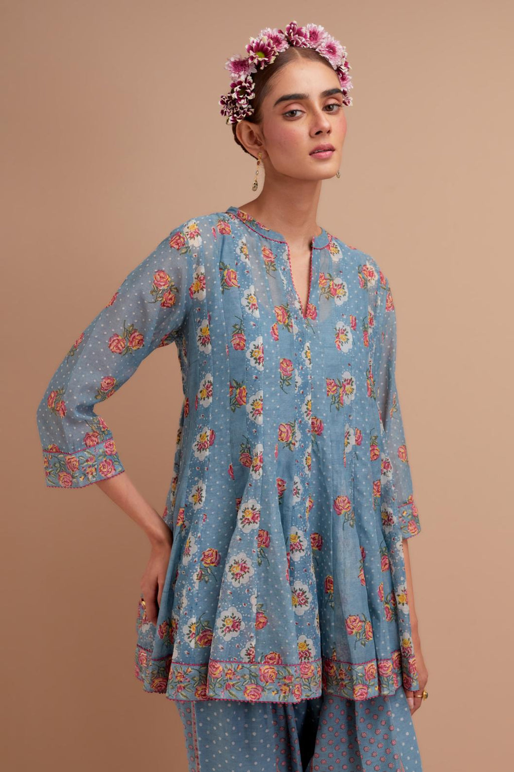 Cadet Blue Silk Chanderi paneled kurta set with all-over small Pink & Yellow flower hand block print.