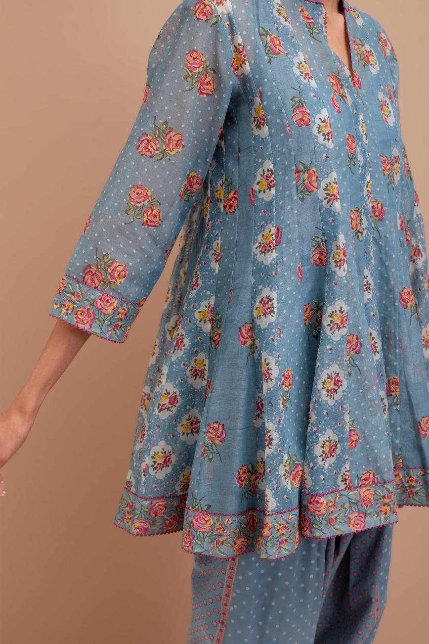 Cadet Blue Silk Chanderi paneled kurta set with all-over small Pink & Yellow flower hand block print.
