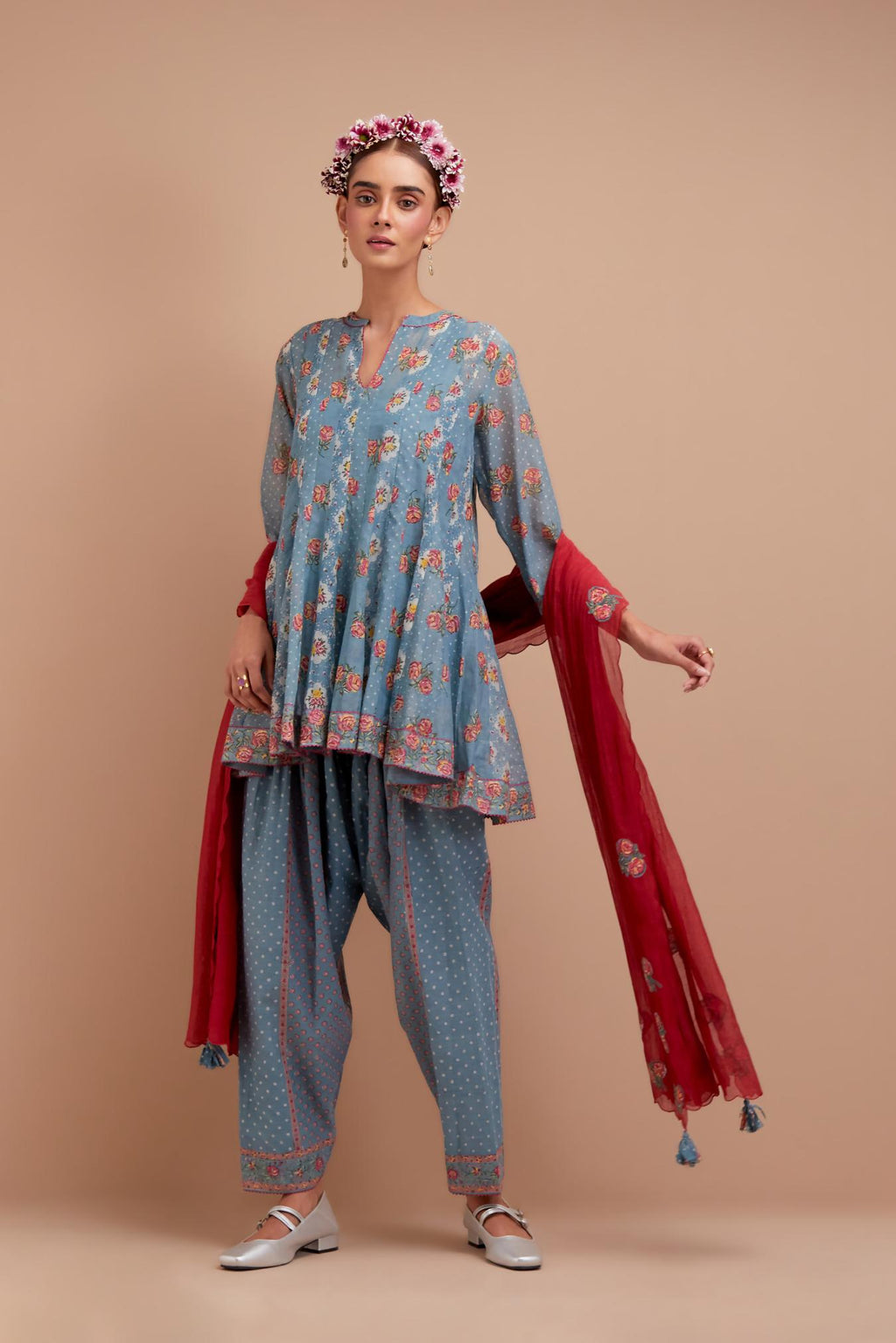 Cadet Blue Silk Chanderi paneled kurta set with all-over small Pink & Yellow flower hand block print.