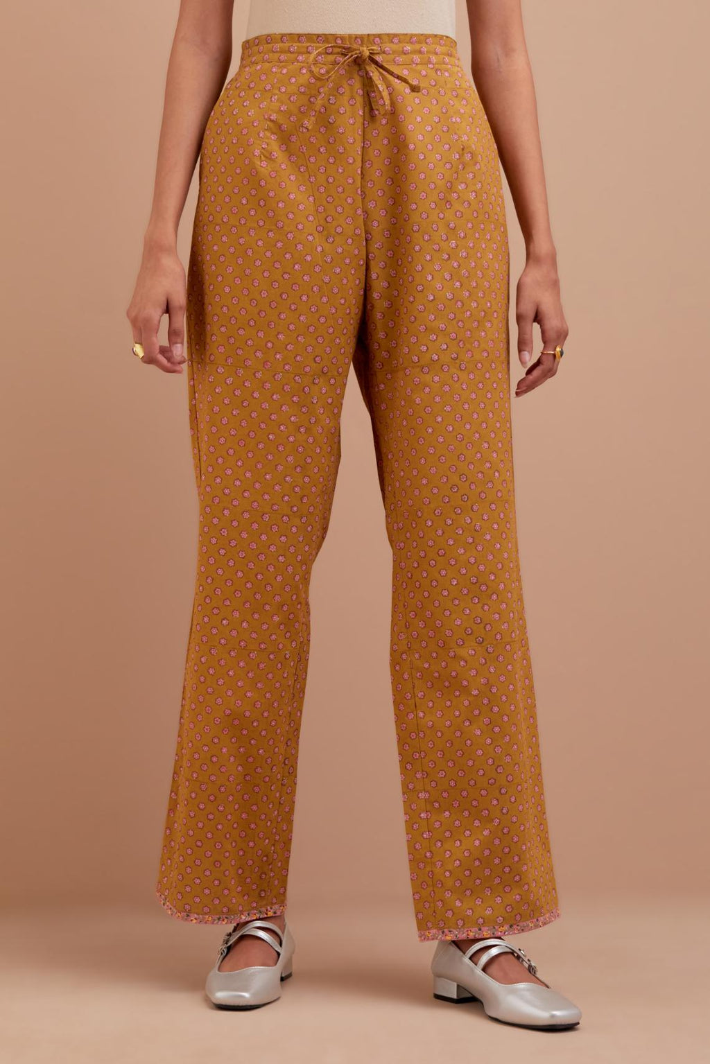 Olive Yellow Cotton straight pants with all-over small flower hand block print.