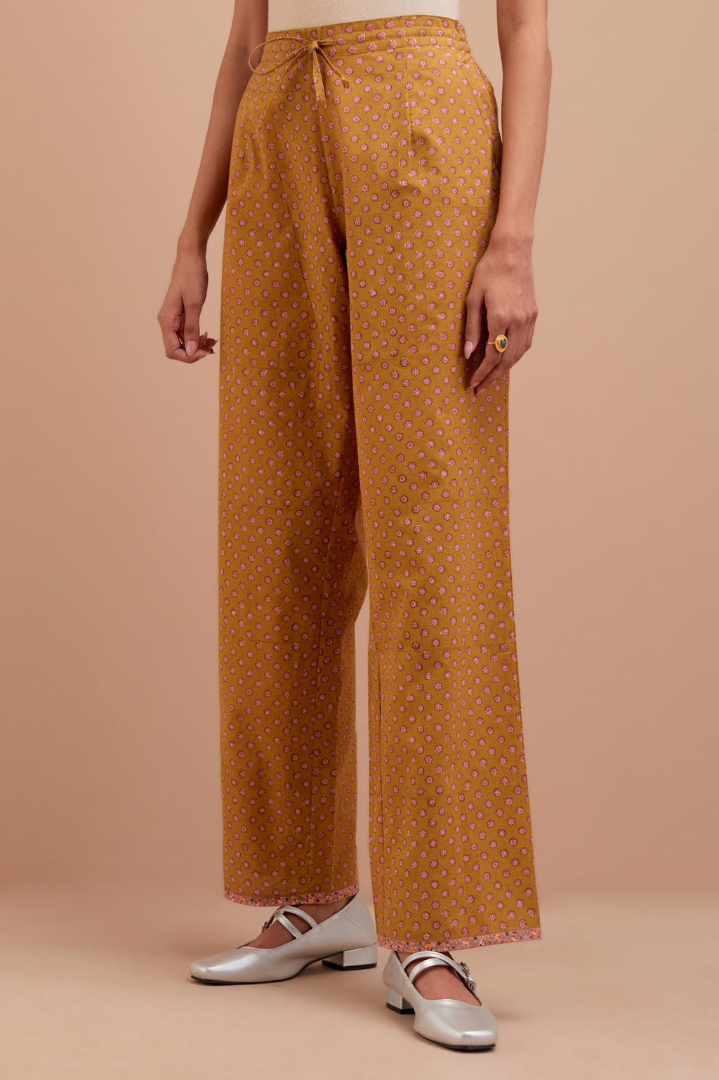 Olive Yellow Cotton straight pants with all-over small flower hand block print.
