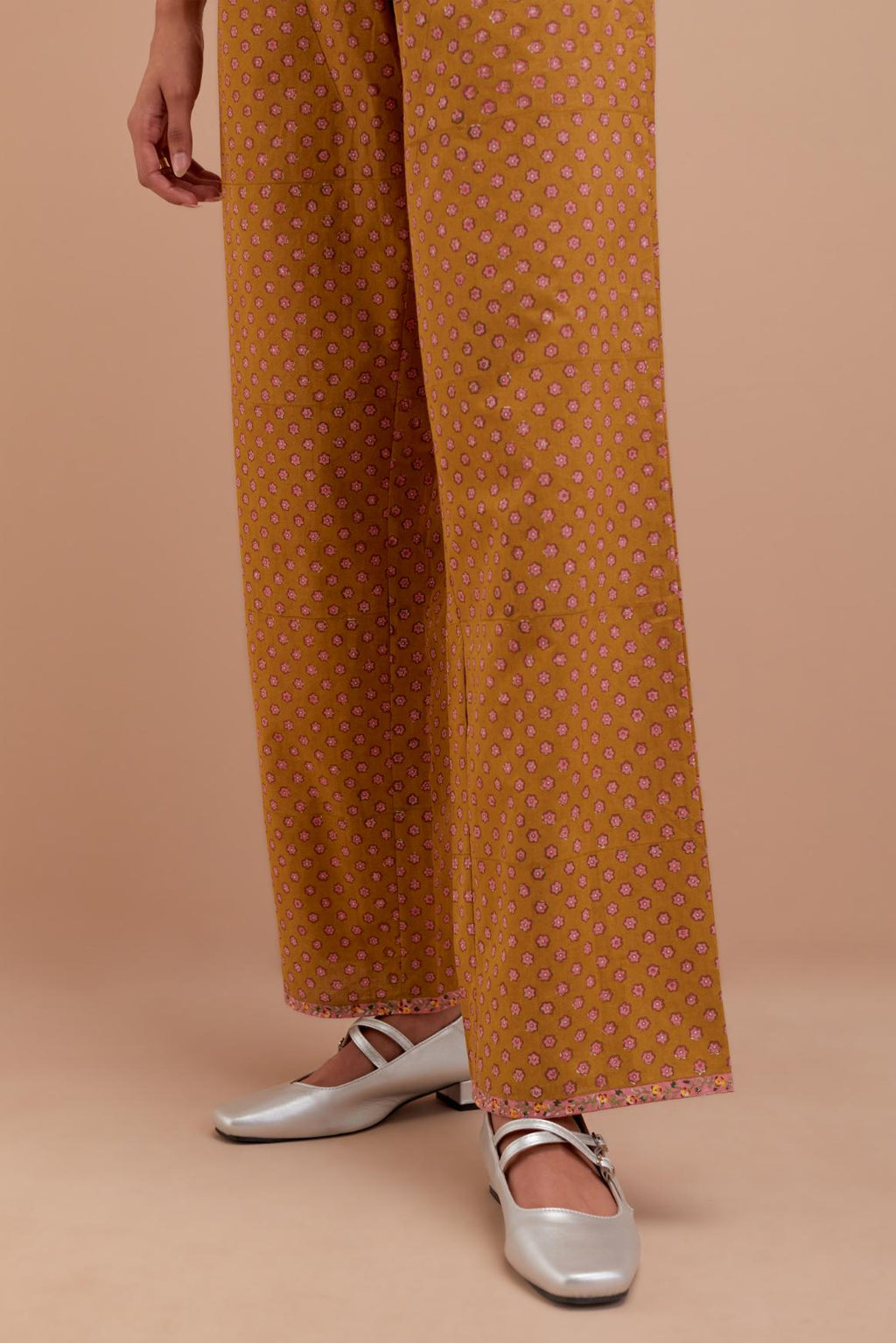 Olive Yellow Cotton straight pants with all-over small flower hand block print.