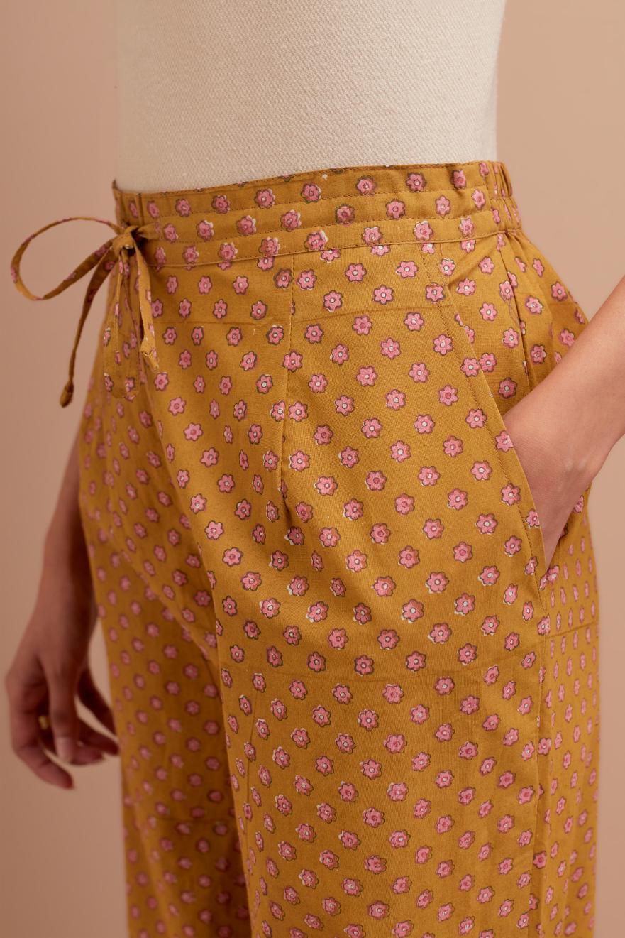 Olive Yellow Cotton straight pants with all-over small flower hand block print.